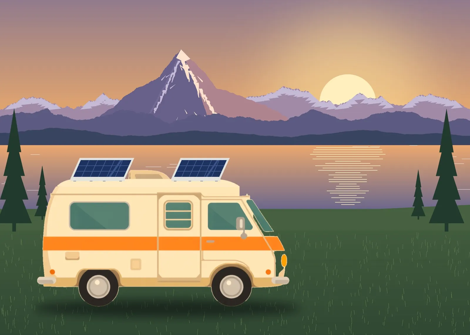 Illustrazione: un camper con due pannelli solari sul tetto, parcheggiato su un prato davanti a un lago e alle montagne al tramonto